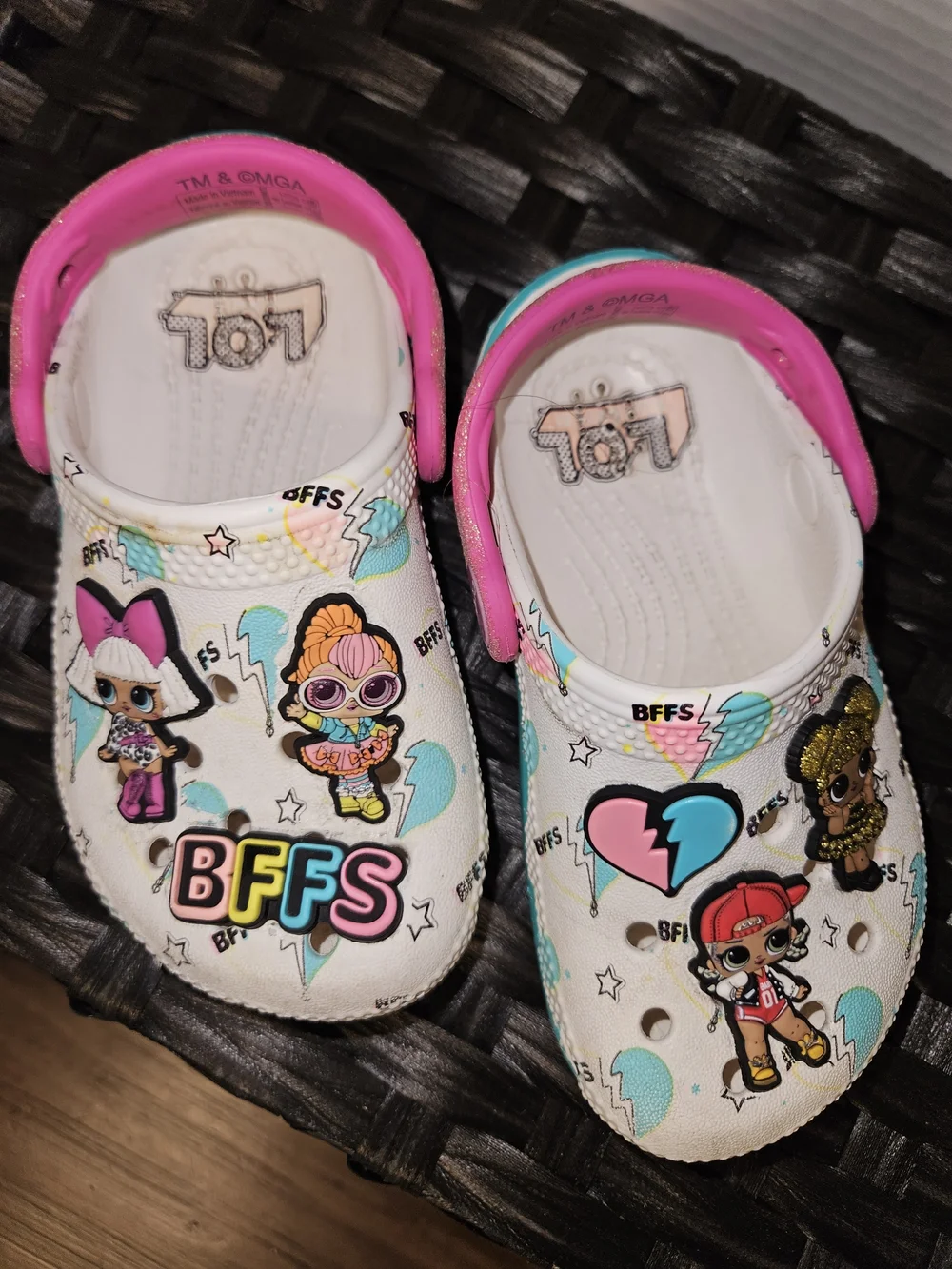 CROCS Kids White Clog Sandals with Pink Straps and Teal Trim - BFFs Characters